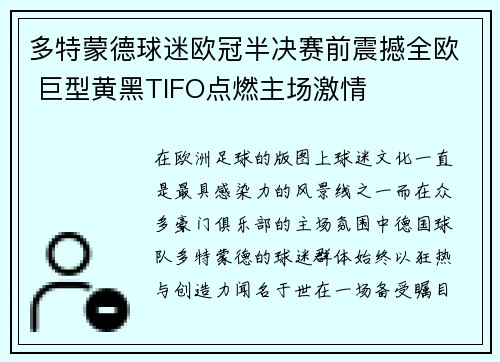 多特蒙德球迷欧冠半决赛前震撼全欧 巨型黄黑TIFO点燃主场激情 多特蒙德球迷欧冠半决赛前震撼全欧 巨型黄黑TIFO点燃主场激情